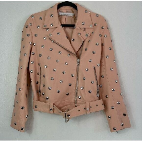 Lovers + friends pink studded heart moto leather jacket size S - Picture 5 of 16